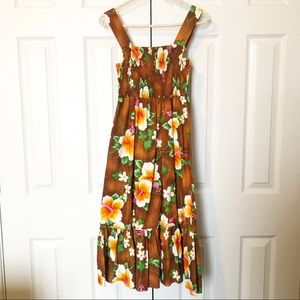 Vintage Royal Hawaiian Floral Smocked Midi Sleeveless Dress